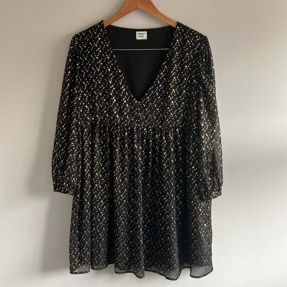Aritzia Sunday Best Black and Gold babydoll Mini Dress sheer sleeve size Large - Picture 3 of 9